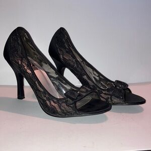 Black Lace and Satin Peep Toe 3” Heels‎